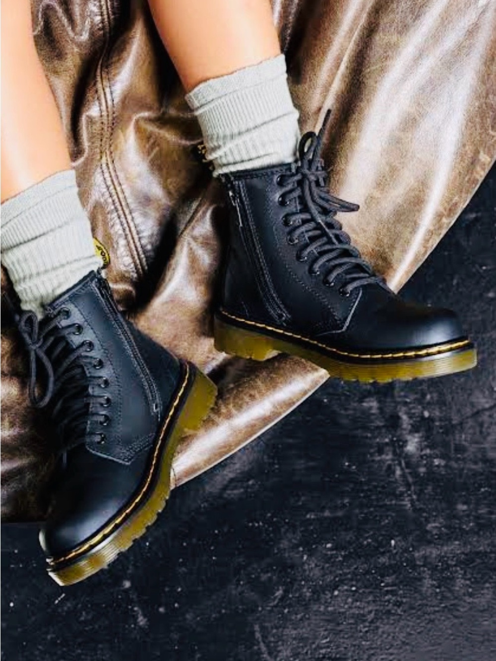Dr Martens Black Leather Lace-Up Boots with Side Zip Youth Size 4 US M/Women’s 5